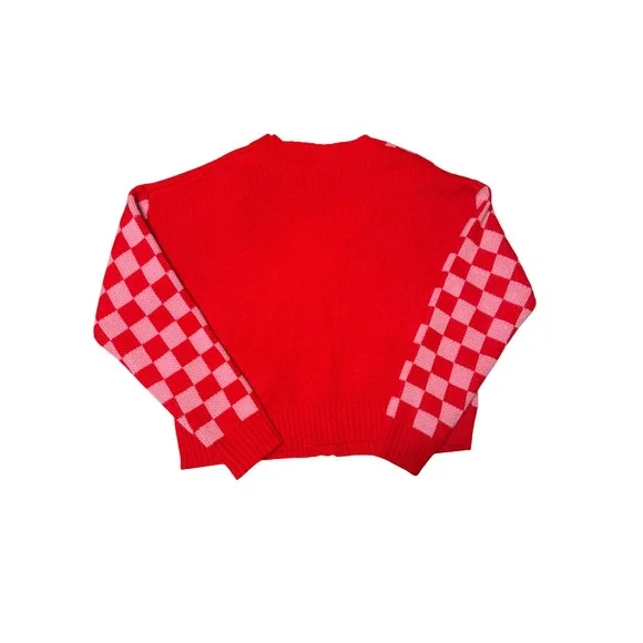 Peanuts Snoopy Red Pink Checkered Heart Cardigan Sweater Womens XS Valentine Day - Picture 3 of 3